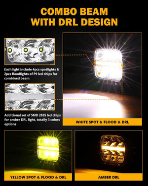 XP-ULTRA Series 5 Inch 132W 15600LM White/Amber LED Pods Driving Light with Amber DRL - Dunes 2 Dezert SXS