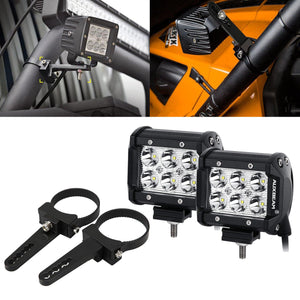 4 inch Classic-SM Series Dual Row LED Pod Lights Spot/Flood Beam & 2.5 Inch Bull Bar Roll Cage Clamps Mounting Brackets Combo for Jeep Off-Road SUV ATV UTV Trucks - Dunes 2 Dezert SXS
