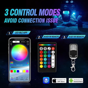 RGBW LED Rock Lights Kit with Bluetooth APP & Wireless Remote Control, Multicolor Neon Underglow Lights with Brake Light function for ATV UTV - Dunes 2 Dezert SXS