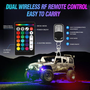 RGBW LED Rock Lights Kit with Bluetooth APP & Wireless Remote Control, Multicolor Neon Underglow Lights with Brake Light function for ATV UTV - Dunes 2 Dezert SXS
