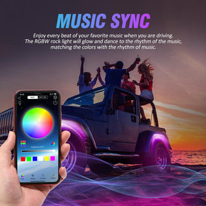 RGBW LED Rock Lights Kit with Bluetooth APP & Wireless Remote Control, Multicolor Neon Underglow Lights with Brake Light function for ATV UTV - Dunes 2 Dezert SXS