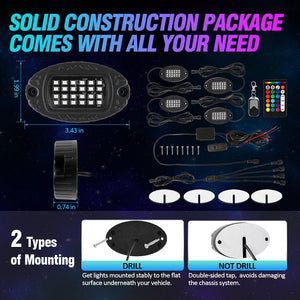 RGBW LED Rock Lights Kit with Bluetooth APP & Wireless Remote Control, Multicolor Neon Underglow Lights with Brake Light function for ATV UTV - Dunes 2 Dezert SXS