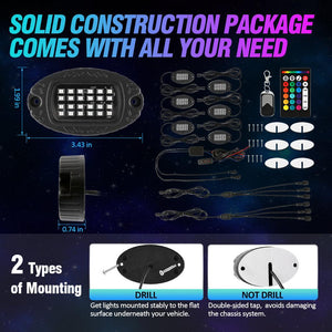 RGBW LED Rock Lights Kit with Bluetooth APP & Wireless Remote Control, Multicolor Neon Underglow Lights with Brake Light function for ATV UTV - Dunes 2 Dezert SXS