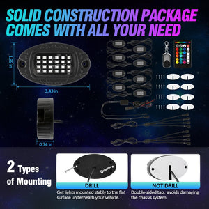RGBW LED Rock Lights Kit with Bluetooth APP & Wireless Remote Control, Multicolor Neon Underglow Lights with Brake Light function for ATV UTV - Dunes 2 Dezert SXS