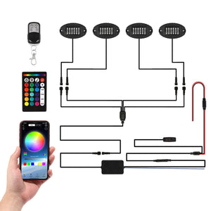 RGBW LED Rock Lights Kit with Bluetooth APP & Wireless Remote Control, Multicolor Neon Underglow Lights with Brake Light function for ATV UTV - Dunes 2 Dezert SXS