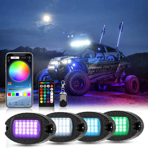 RGBW LED Rock Lights Kit with Bluetooth APP & Wireless Remote Control, Multicolor Neon Underglow Lights with Brake Light function for ATV UTV - Dunes 2 Dezert SXS