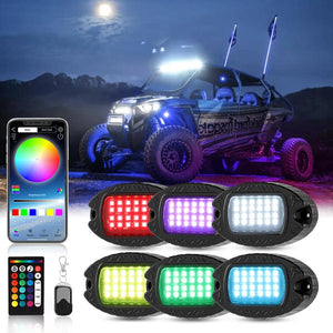 RGBW LED Rock Lights Kit with Bluetooth APP & Wireless Remote Control, Multicolor Neon Underglow Lights with Brake Light function for ATV UTV - Dunes 2 Dezert SXS