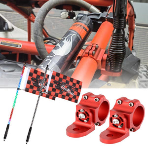 3FT/4FT LED RGB Whip Lights with Bluetooth/ Remote Controlled & Red Universal Flagpole Light Mount  for all UTVs with 1.75" to 2" Roll Cage - Dunes 2 Dezert SXS