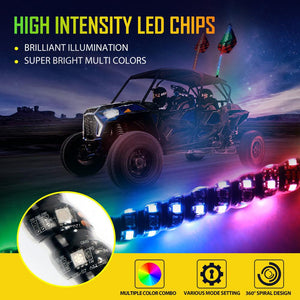 3FT/4FT LED RGB Whip Lights with Bluetooth/ Remote Controlled & Red Universal Flagpole Light Mount  for all UTVs with 1.75" to 2" Roll Cage - Dunes 2 Dezert SXS