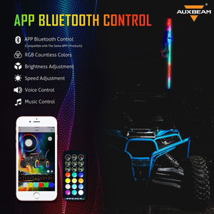 3FT/4FT LED RGB Whip Lights with Bluetooth/ Remote Controlled & Red Universal Flagpole Light Mount  for all UTVs with 1.75" to 2" Roll Cage - Dunes 2 Dezert SXS
