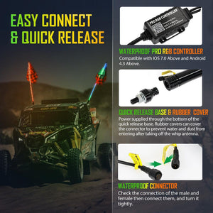 3FT/4FT LED RGB Whip Lights with Bluetooth/ Remote Controlled & Red Universal Flagpole Light Mount  for all UTVs with 1.75" to 2" Roll Cage - Dunes 2 Dezert SXS