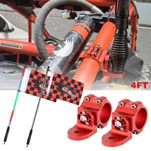 3FT/4FT LED RGB Whip Lights with Bluetooth/ Remote Controlled & Red Universal Flagpole Light Mount  for all UTVs with 1.75" to 2" Roll Cage - Dunes 2 Dezert SXS