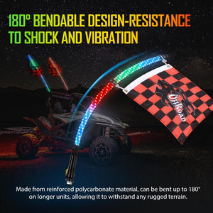 3FT/4FT LED RGB Whip Lights with Bluetooth/ Remote Controlled & Black Universal Flagpole Light Mount  for all UTVs with 1.75" to 2" Roll Cage - Dunes 2 Dezert SXS