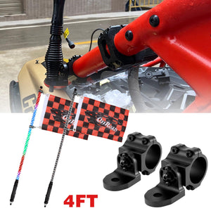 3FT/4FT LED RGB Whip Lights with Bluetooth/ Remote Controlled & Black Universal Flagpole Light Mount  for all UTVs with 1.75" to 2" Roll Cage - Dunes 2 Dezert SXS