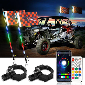 3FT/4FT LED RGB Whip Lights with Bluetooth/ Remote Controlled + Whip Light Mounting Brackets for UTV, ATV, Off-road Vehicle - Dunes 2 Dezert SXS