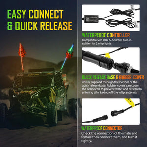 3FT/4FT LED RGB Whip Lights with Bluetooth/ Remote Controlled + Whip Light Mounting Brackets for UTV, ATV, Off-road Vehicle - Dunes 2 Dezert SXS