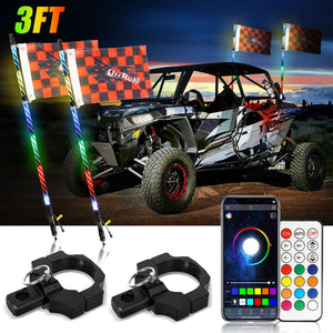 3FT/4FT LED RGB Whip Lights with Bluetooth/ Remote Controlled + Whip Light Mounting Brackets for UTV, ATV, Off-road Vehicle - Dunes 2 Dezert SXS