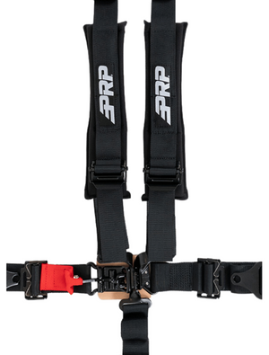 PRP black 5-point harness close-up of sewn shoulder strap assembly