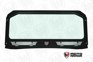 Black vented full glass windshield for Polaris General 2 & 4 seat, with DOT laminated safety glass and spring-loaded vents for airflow