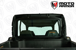 Moto Armor rear glass windshield for Can-Am Commander and Maverick Trail/Sport with aluminum frame, billet clamps, and wide visibility.