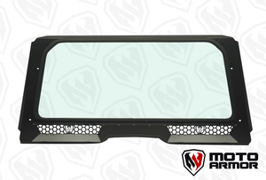 Yamaha RMAX 1000 glass windshield with vent and wiper, black aluminum frame and billet mounts for 2 and 4 seat models, 2021–2025