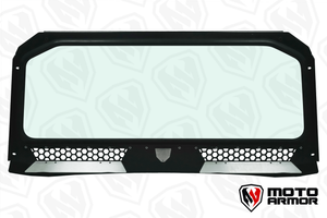 Black vented full glass windshield for Polaris General 2 & 4 seat, with DOT laminated safety glass and spring-loaded vents for airflow