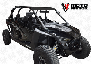 Black powder-coated aluminum roof with dark tinted sunroof for Polaris RZR PRO XP 4 and Turbo R 4 seat models with drip edge and rear spoiler