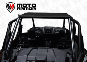 Black powder-coated aluminum roof with dark tinted sunroof for Polaris RZR PRO XP 4 and Turbo R 4 seat models with drip edge and rear spoiler
