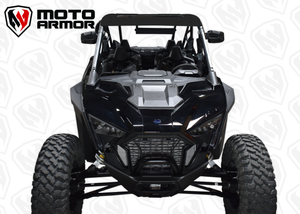 Black powder-coated aluminum roof with dark tinted sunroof for Polaris RZR PRO XP 4 and Turbo R 4 seat models with drip edge and rear spoiler
