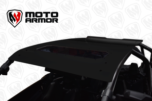 Black powder-coated aluminum roof with dark tinted sunroof for Polaris RZR PRO XP 4 and Turbo R 4 seat models with drip edge and rear spoiler
