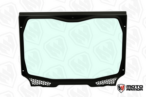Moto Armor full glass windshield for Voodoo Riders Pro XP, Turbo R, and Pro R cages with DOT safety glass and billet mounting system.