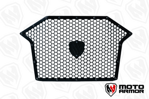 Moto Armor aluminum radiator grill for RZR Pro XP, Turbo R, and Pro R with honeycomb design and stainless hardware for airflow and protection.