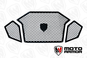 Moto Armor front grill set with honeycomb aluminum design for Polaris Turbo R and Pro R models, provides airflow protection and sleek styling.
