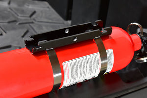 Universal UTV fire extinguisher mount made of aluminum, fits 2-inch roll bars and 3.25-inch extinguishers