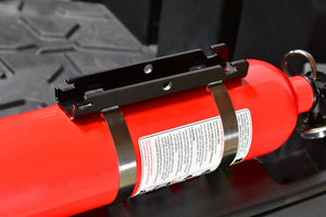 Universal UTV fire extinguisher mount made of aluminum, fits 2-inch roll bars and 3.25-inch extinguishers