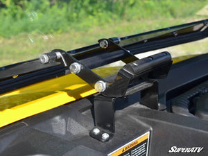 SuperATV flip windshield hinge and clamp detail on a Defender