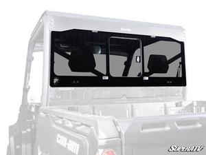 SuperATV glass sliding rear windshield installed on a Can-Am Defender