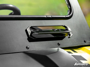 Close-up of the SuperATV Defender glass windshield steel frame
