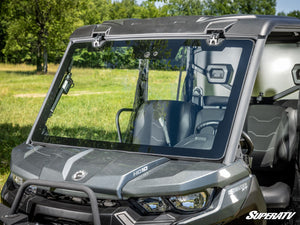 SuperATV Defender power flip glass windshield frame and hinge detail