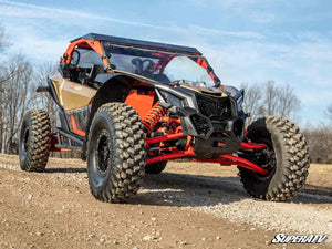 SuperATV Maverick X3 Atlas Pro A-arm detail with larger steel tubing in Can-Am Red