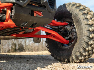 SuperATV adjustable Atlas Pro A-arms for Can-Am Maverick X3 tire clearance in Can-Am Red