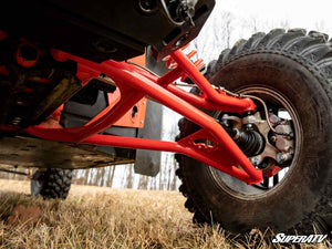 SuperATV Maverick X3 forward offset A-arms Can-Am Red, installed view