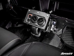 SuperATV front cab heater installed below the dash of a Can-Am Defender HD7