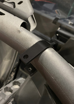 Black anodized Moto Armor billet clamps for 1.75, 1.875, or 2 inch tubing with stainless bolts