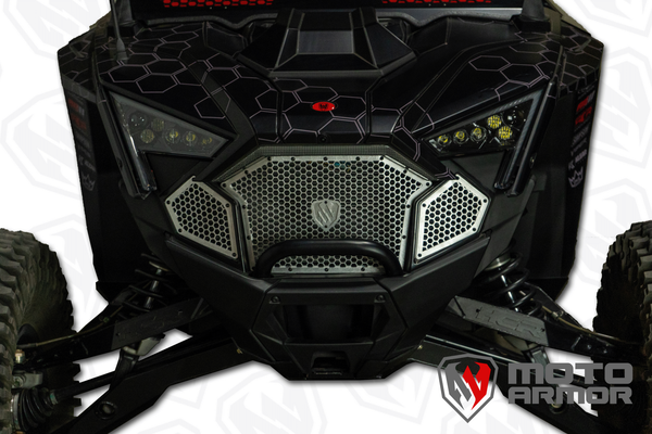 Moto Armor front grill set with honeycomb aluminum design for Polaris Turbo R and Pro R models, provides airflow protection and sleek styling.