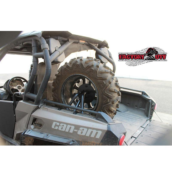 Can-Am Commander with Factory UTV Bed Mount Spare Tire Carrier providing strong, side-mounted storage without blocking rear visibility