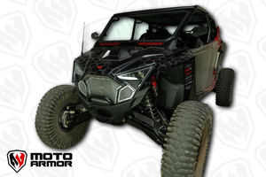 Moto Armor front grill set with honeycomb aluminum design for Polaris Turbo R and Pro R models, provides airflow protection and sleek styling.