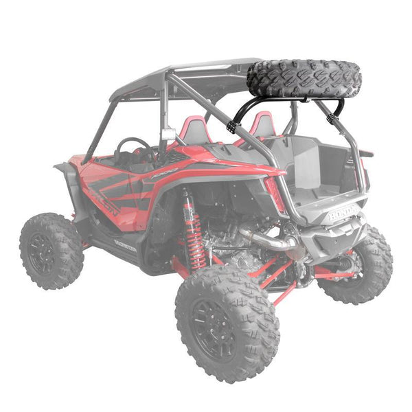 Factory UTV Dual Clamp Spare Tire Mount on Honda Talon for strong, rear-view-clear mounting of spare tire and accessories