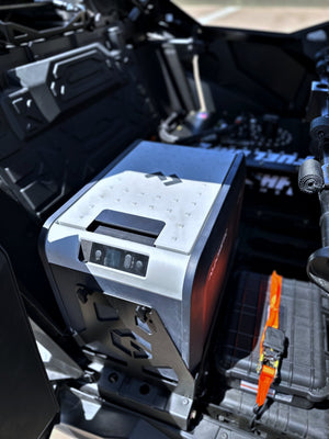 Polaris RZR Pro R Geiser Dometic cooler mount installed in rear seat area