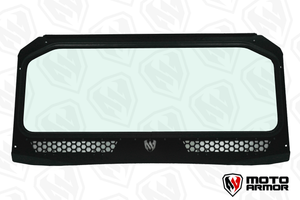 Black vented full glass windshield for Polaris General 2 & 4 seat, with DOT laminated safety glass and spring-loaded vents for airflow